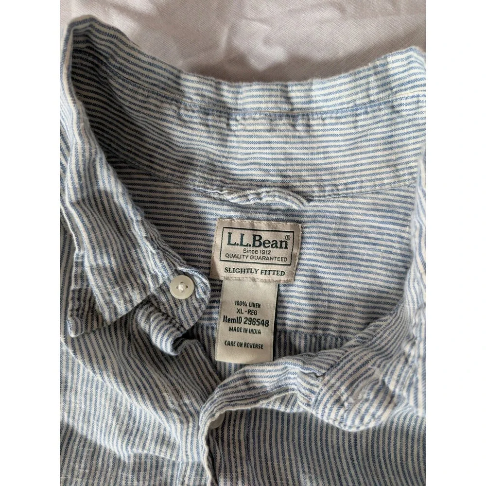 LLBean Mens XL Reg Slightly Fitted‎ Linen Striped Short Sleeve Button Up Shirt - Picture 3 of 4